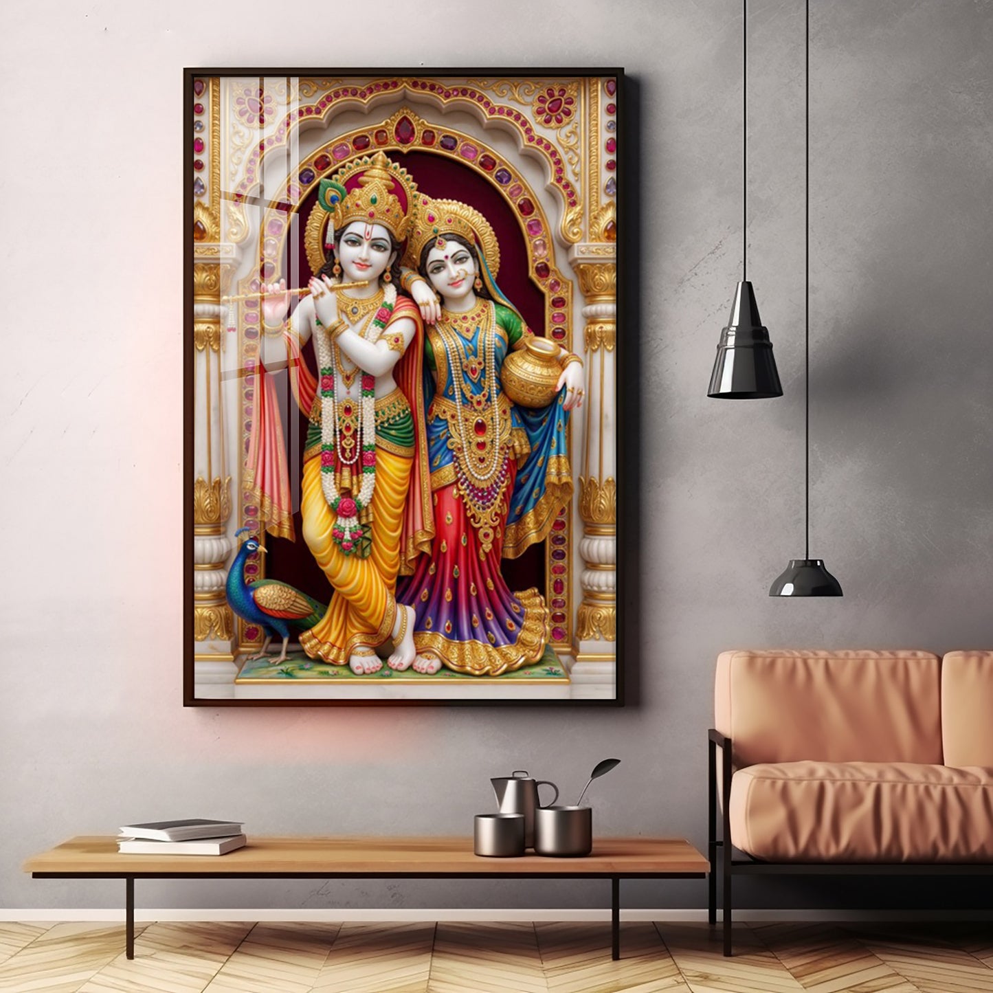 Majestic Harmony Of Radha Krishna Premium Acrylic Vertical Wall Art