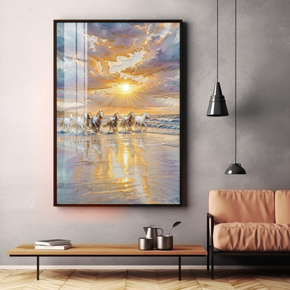 Depicting Seven White Horses Running Premium Acrylic Vertical Wall Art