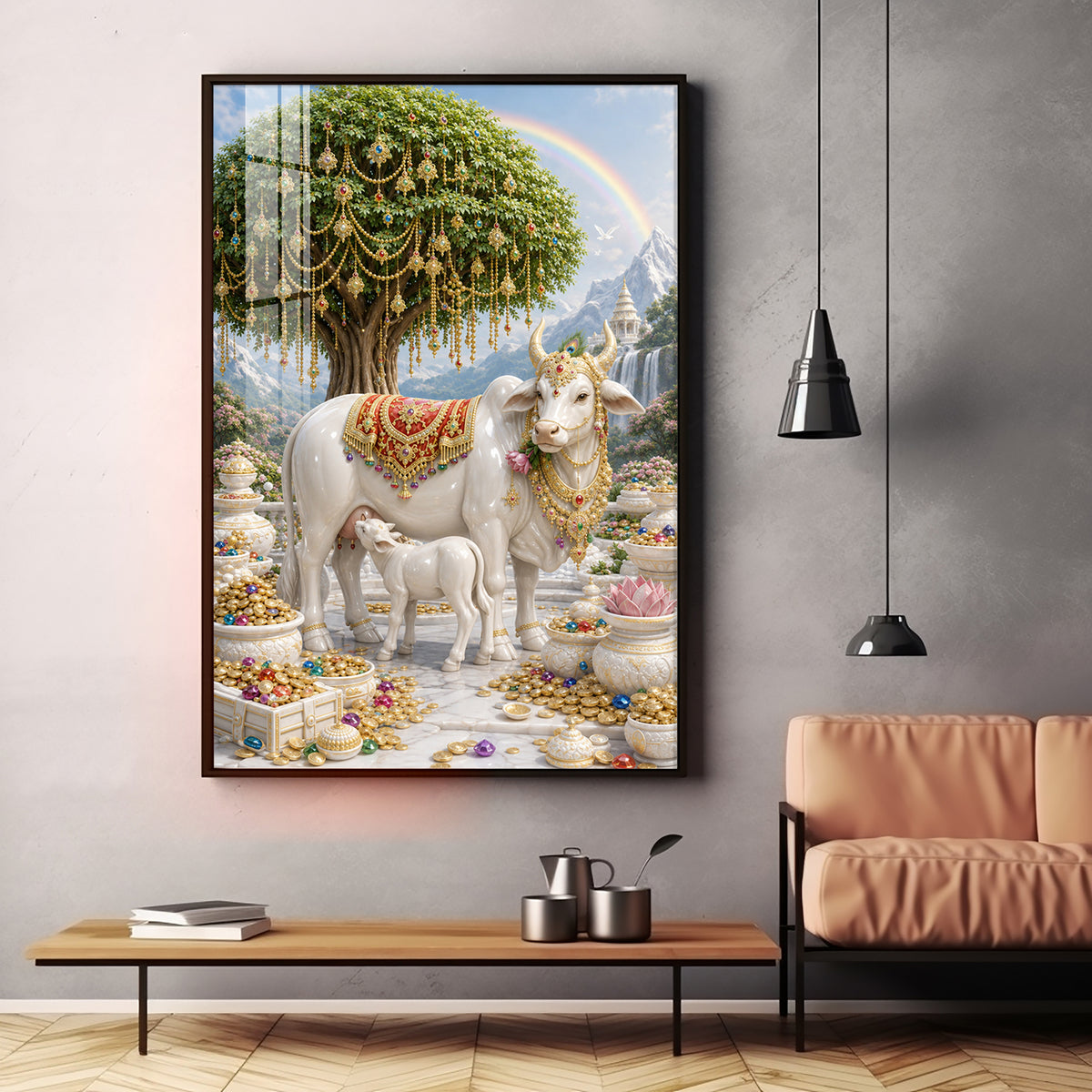 Divine Wish Fulfilling Tree & Kamadhenu Premium Acrylic Vertical Wall Art