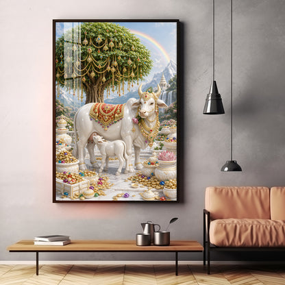 Divine Wish Fulfilling Tree & Kamadhenu Premium Acrylic Vertical Wall Art