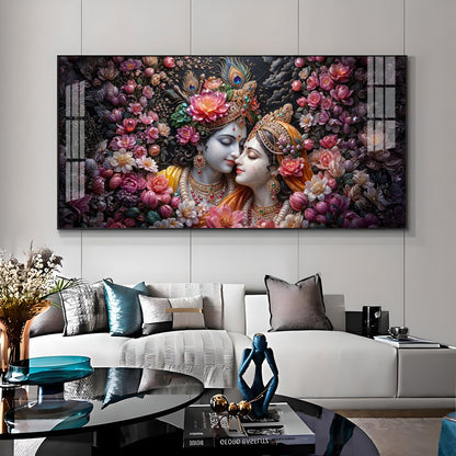 Floral Radha Krishna With Beautiful Background Premium Acrylic Horizontal Wall Art