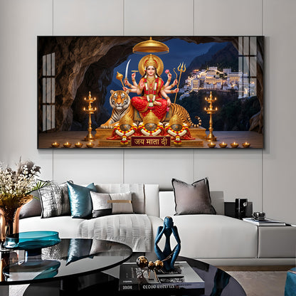 Goddess Durga With Maa Vaishno Devi Temple Premium Acrylic Horizontal Wall Art