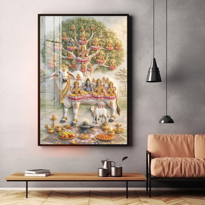 Om Namho Shri Kamdhenu Cow Premium Acrylic Vertical Wall Art