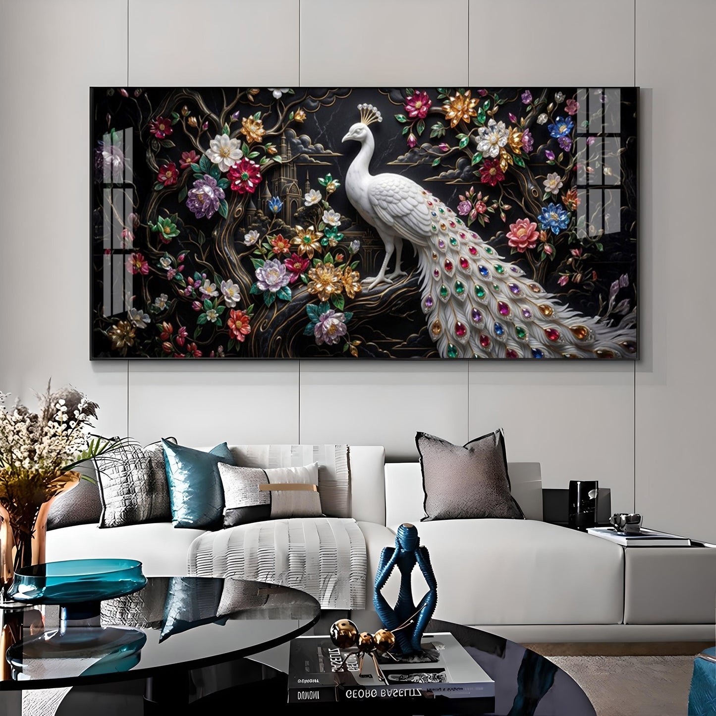 Peacock Embellishments & Black Background Premium Acrylic Horizontal Wall Art