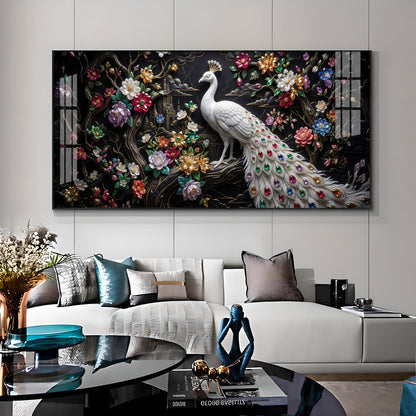 Peacock Embellishments & Black Background Premium Acrylic Horizontal Wall Art