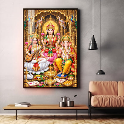Maa Lakshmi, Ganesha and Saraswati Premium Acrylic Vertical Wall Art