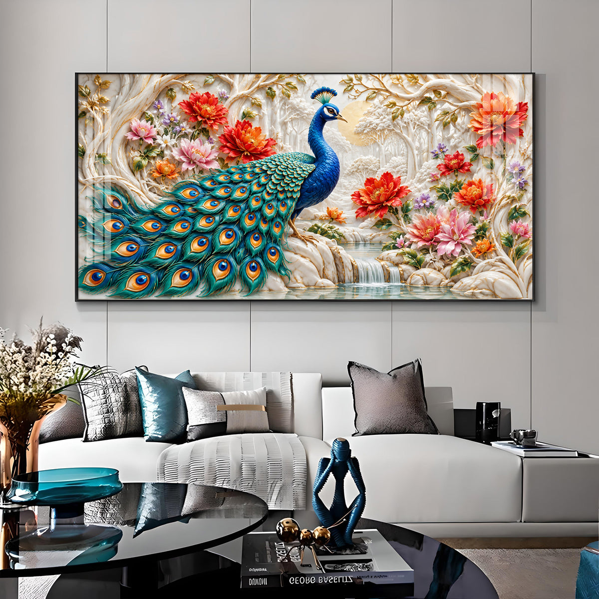 Vibrant Peacock With Floral Premium Acrylic Horizontal Wall Art