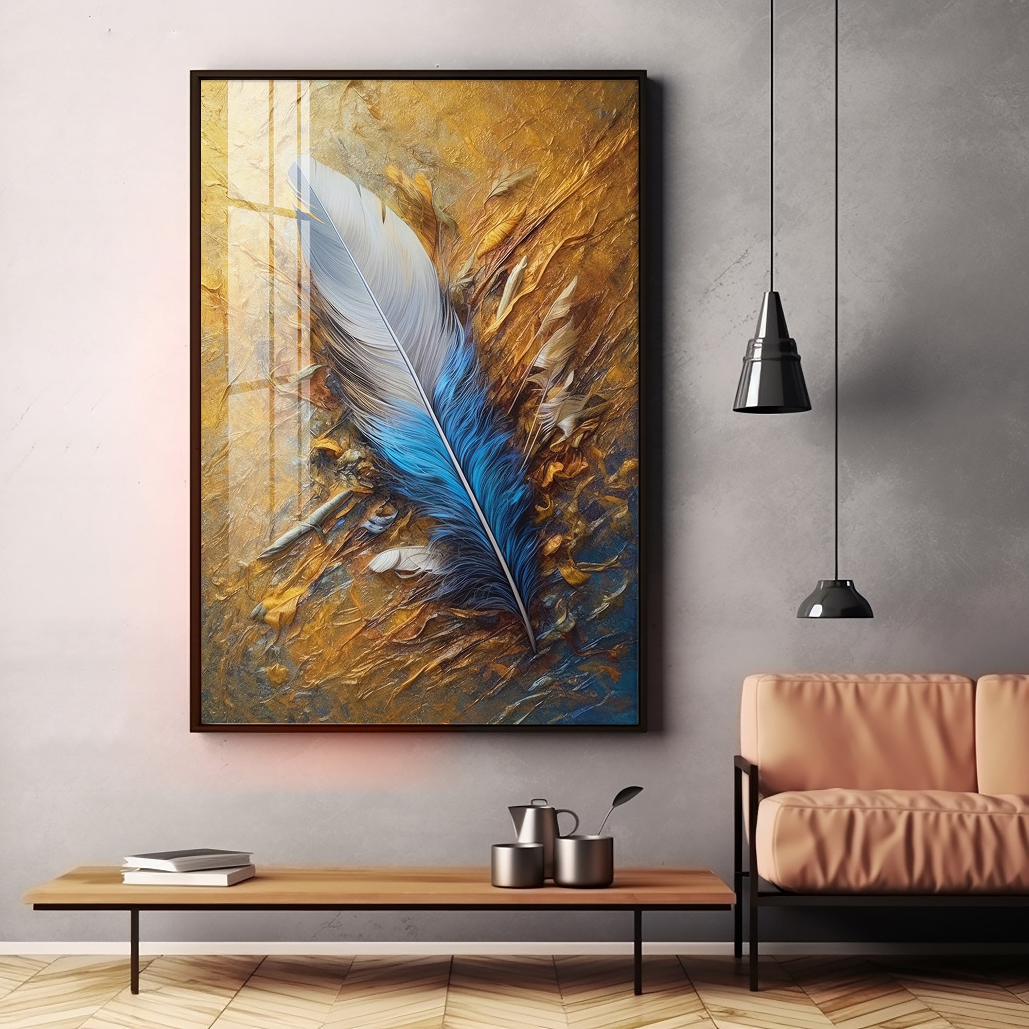 White & Blue Grace Of Leaf Premium Acrylic Vertical Wall Art
