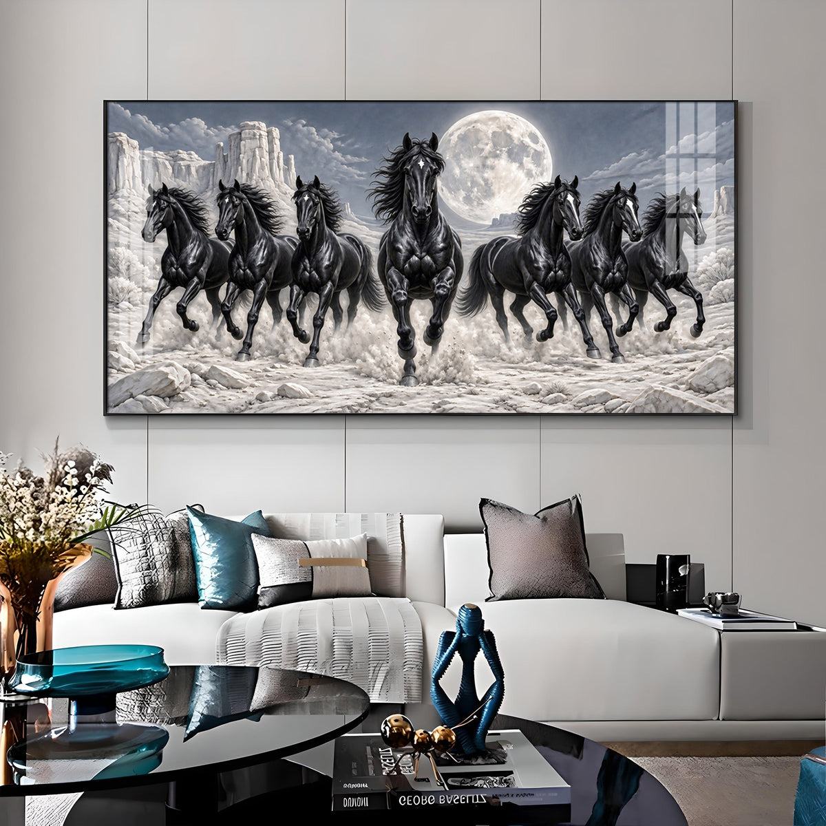 Seven Running Black Horses Premium Acrylic Horizontal Wall Art