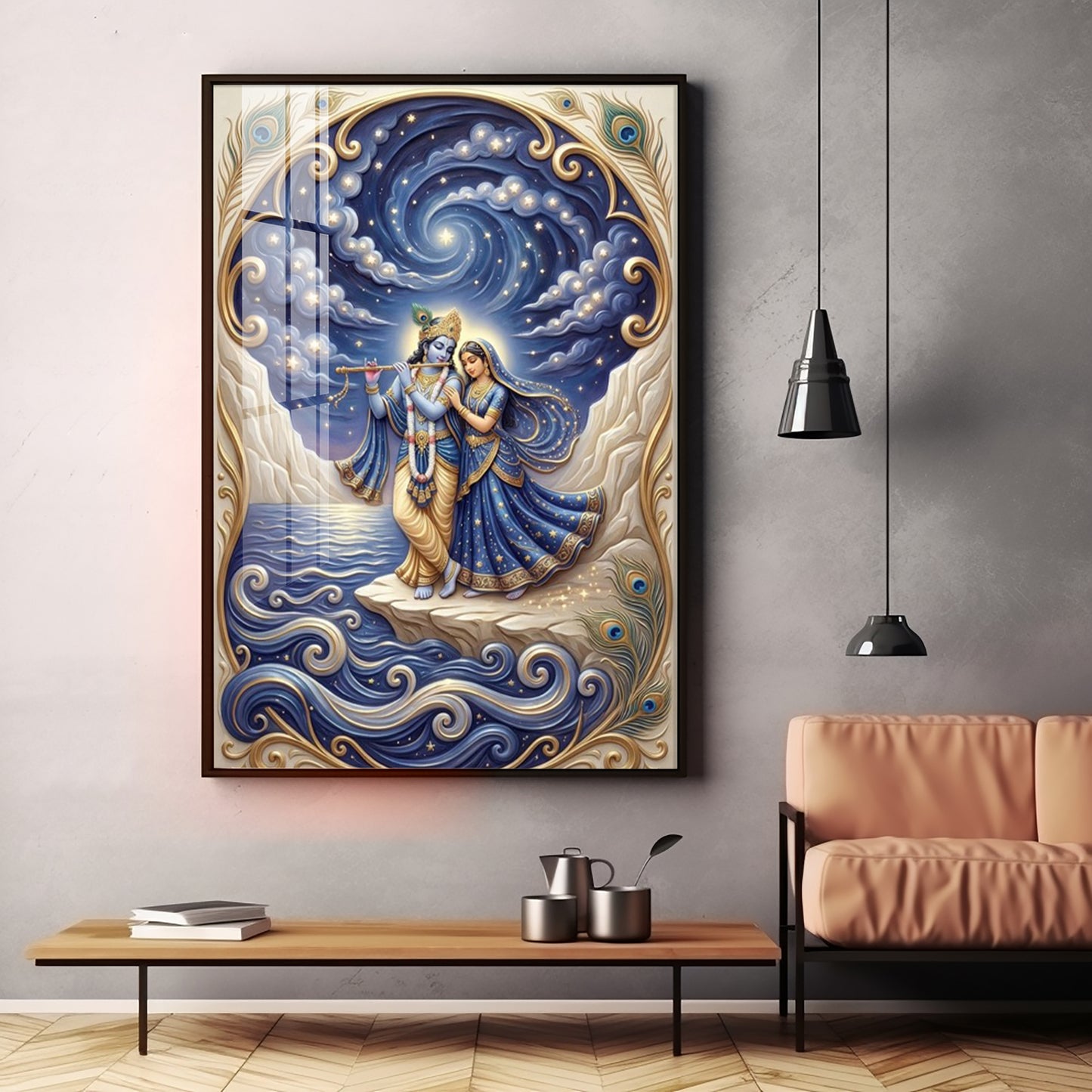 Radha Krishna Moonlit Dance Premium Acrylic Vertical Wall Art