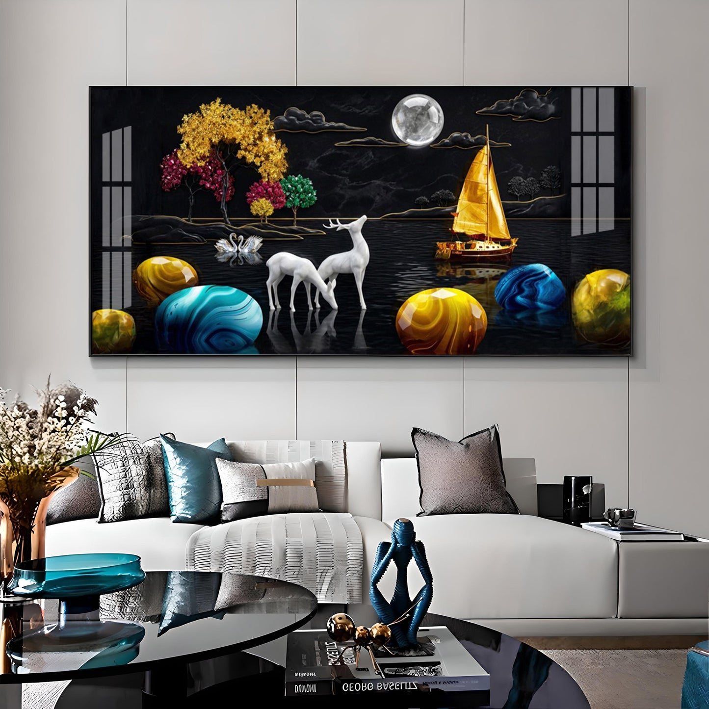 Rustic Serenity With Deer on the Lake Premium Acrylic Horizontal Wall Art