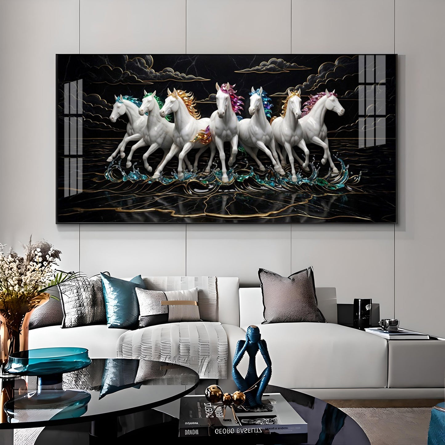 Splashing Stallions White Seven Horses Premium Acrylic Horizontal Wall Art