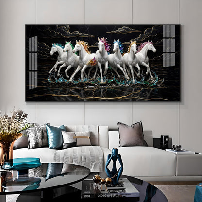 Splashing Stallions White Seven Horses Premium Acrylic Horizontal Wall Art