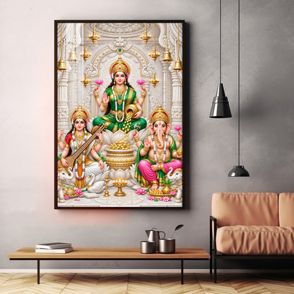 Maa Laxmi Saraswati Ganesha Premium Acrylic Vertical Wall Art