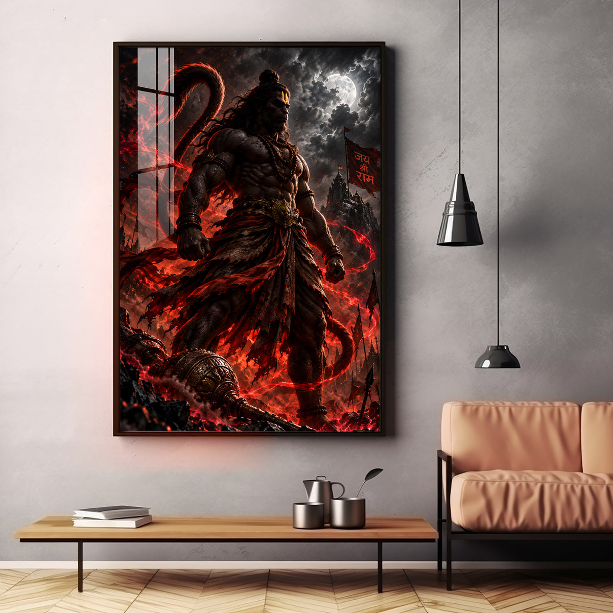 Hanuman in Red Glow Premium Acrylic Vertical Wall Art