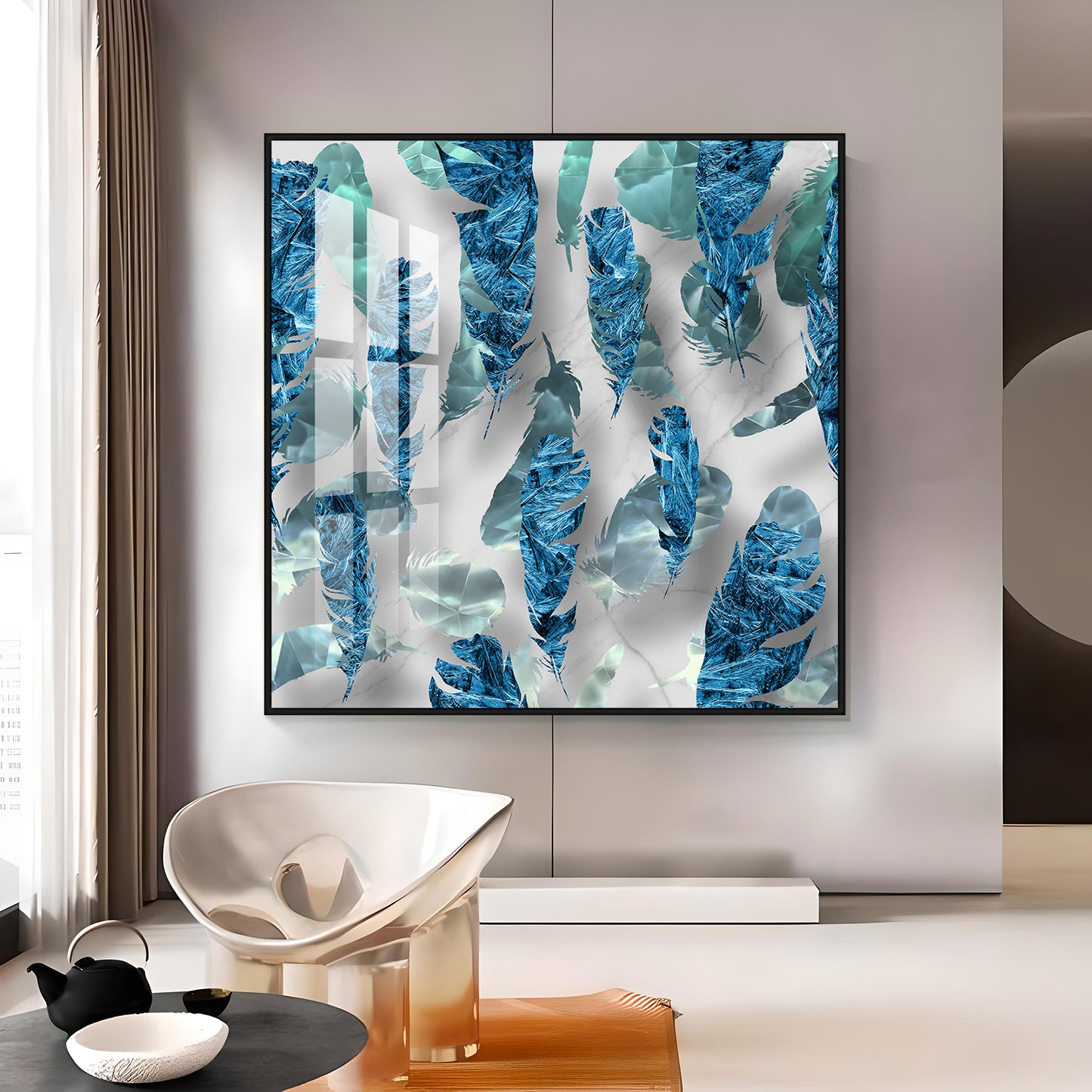 Elegant Blue Feather Premium Acrylic Square Wall Art