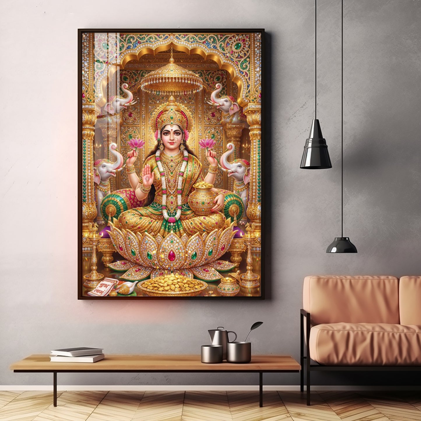 Goddess Lakshmi Seated On A Lotus Throne Premium Acrylic Vertical Wall Art