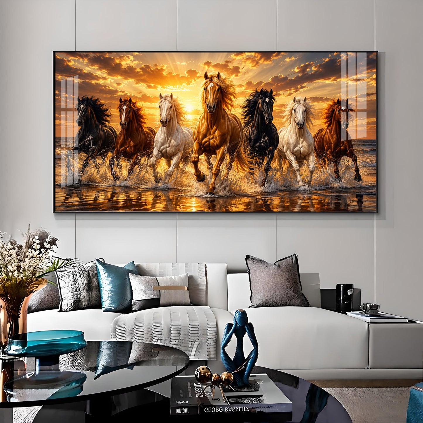 Majestic Seven Horses Golden Hour Premium Acrylic Horizontal Wall Art