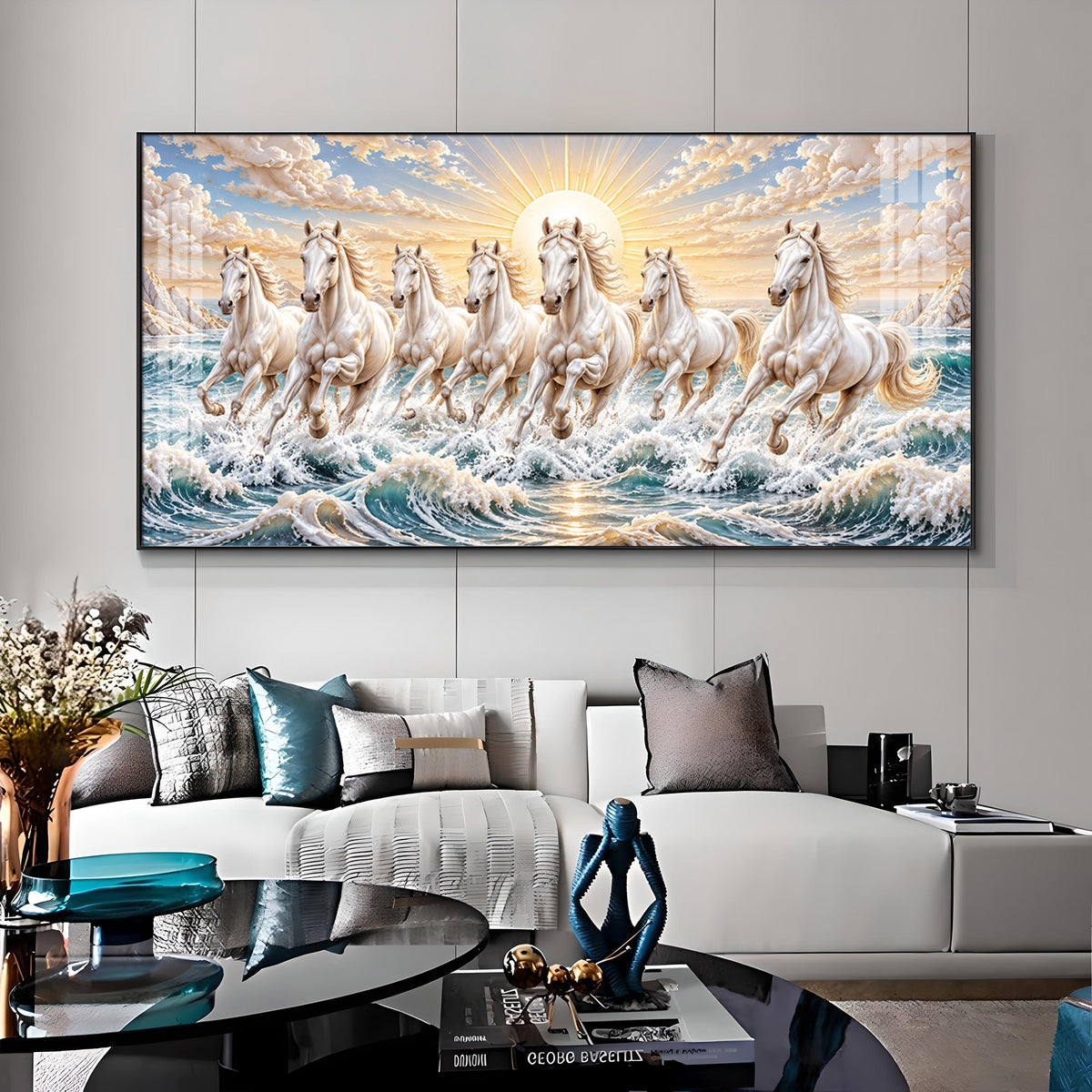 Majestic White Seven Running Horses Premium Acrylic Horizontal Wall Art