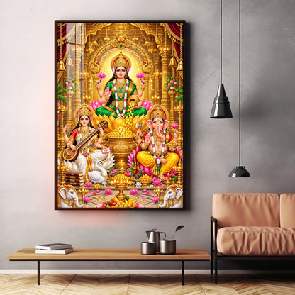Divine Maa Laxmi, Maa Saraswati & Ganesh Ji Premium Acrylic Vertical Wall Art
