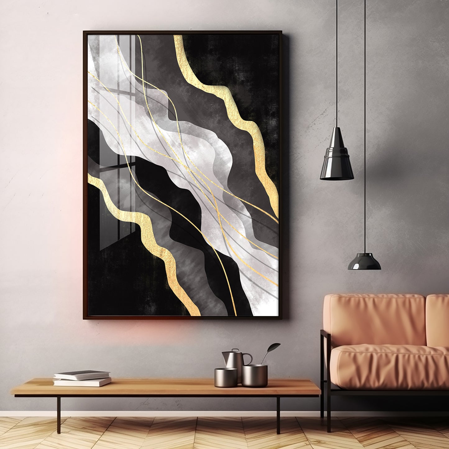 Golden Veins on Black Premium Acrylic Vertical Wall Art