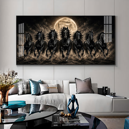 Seven Black Horses Full Moon Premium Acrylic Horizontal Wall Art
