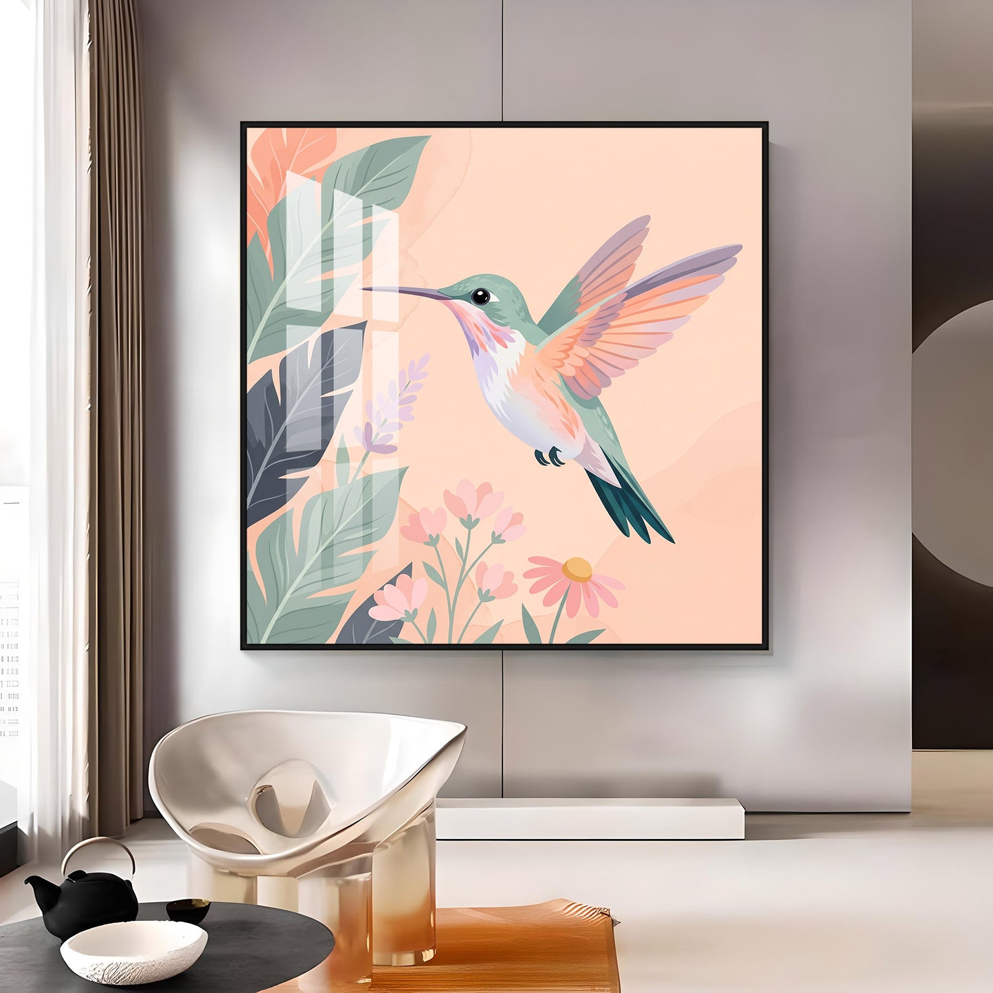 Hummingbird In Flight & Flowers Premium Acrylic Square Wall Art