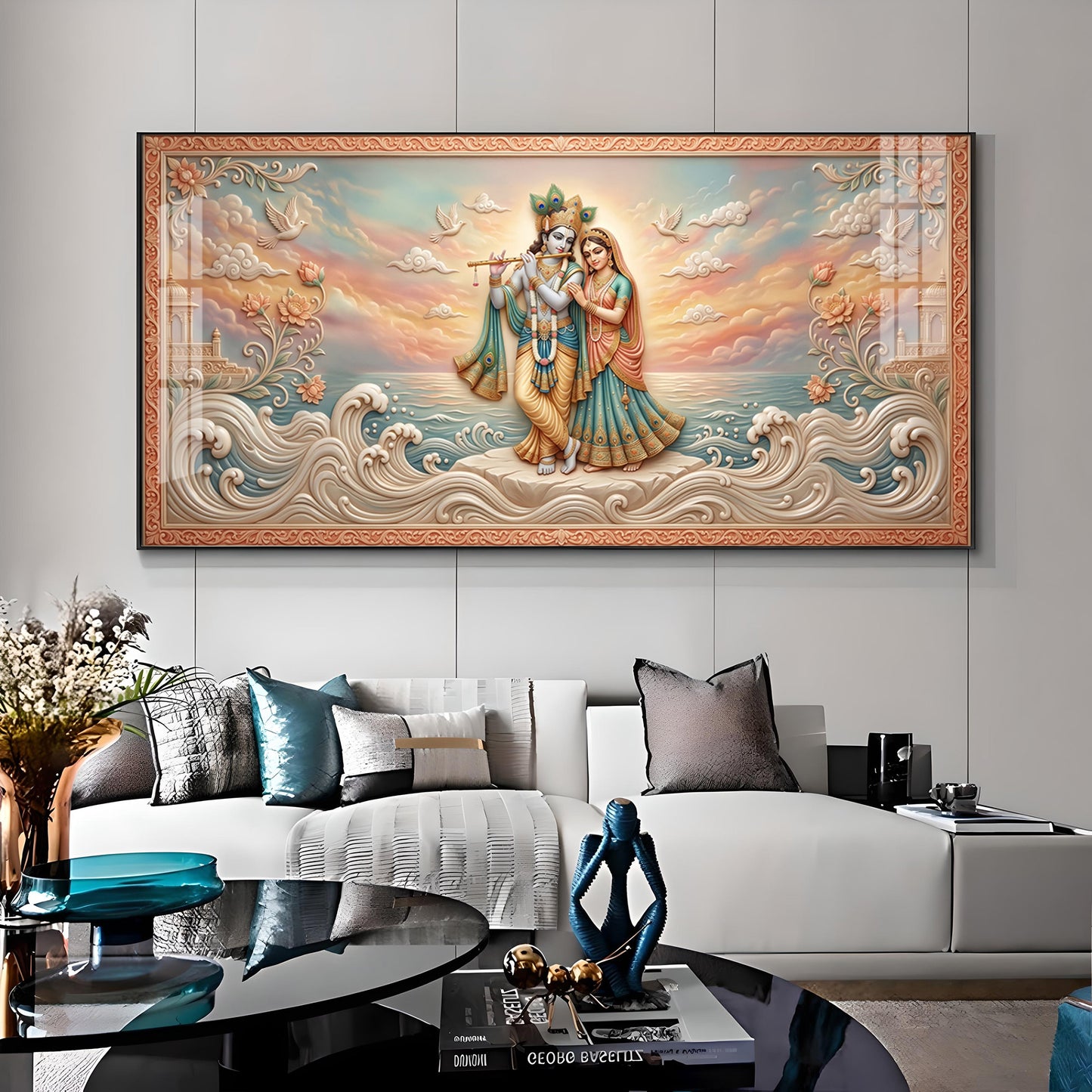 Radha Krishna With Gold Accents Premium Acrylic Horizontal Wall Art
