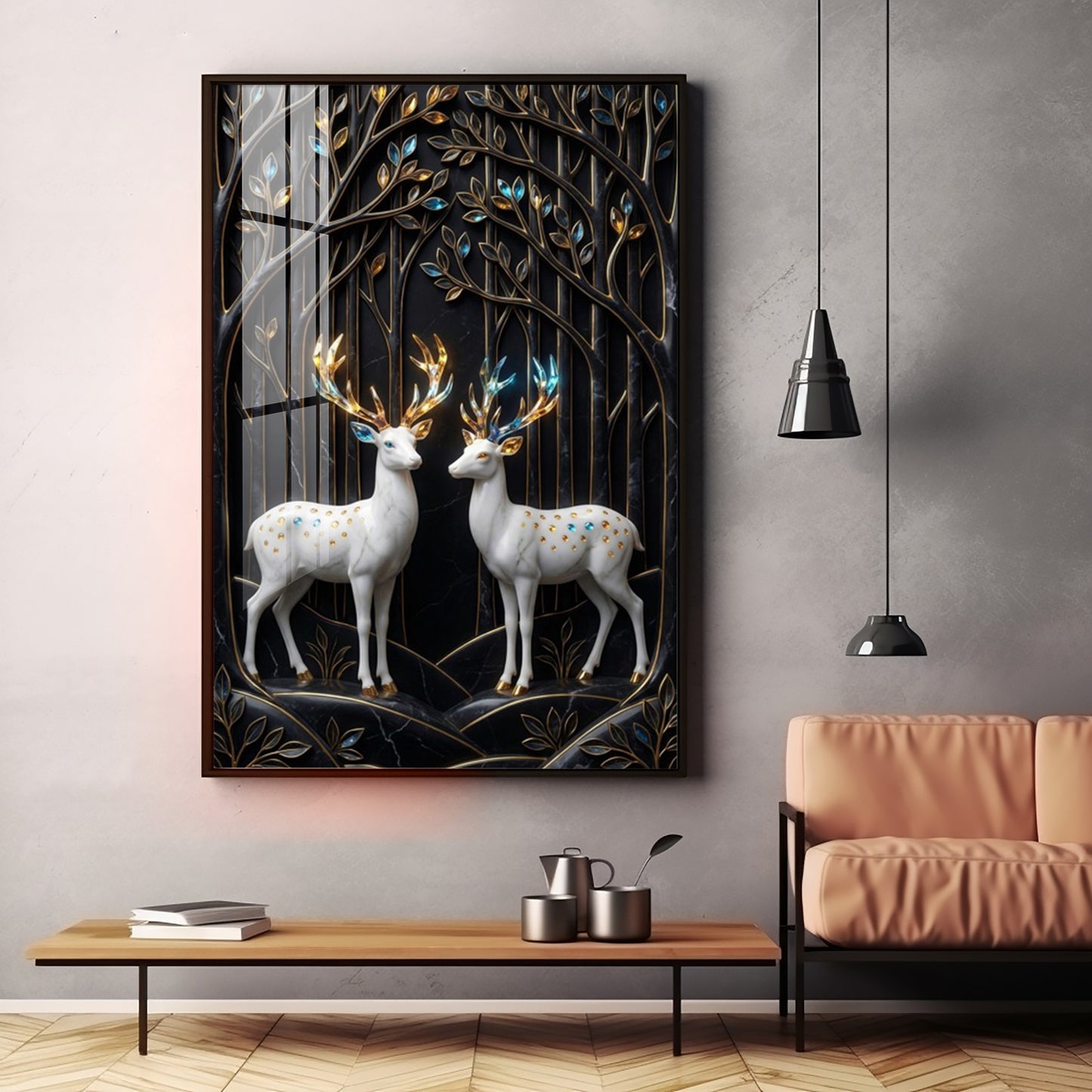 White Deers In Nature Premium Acrylic Vertical Wall Art