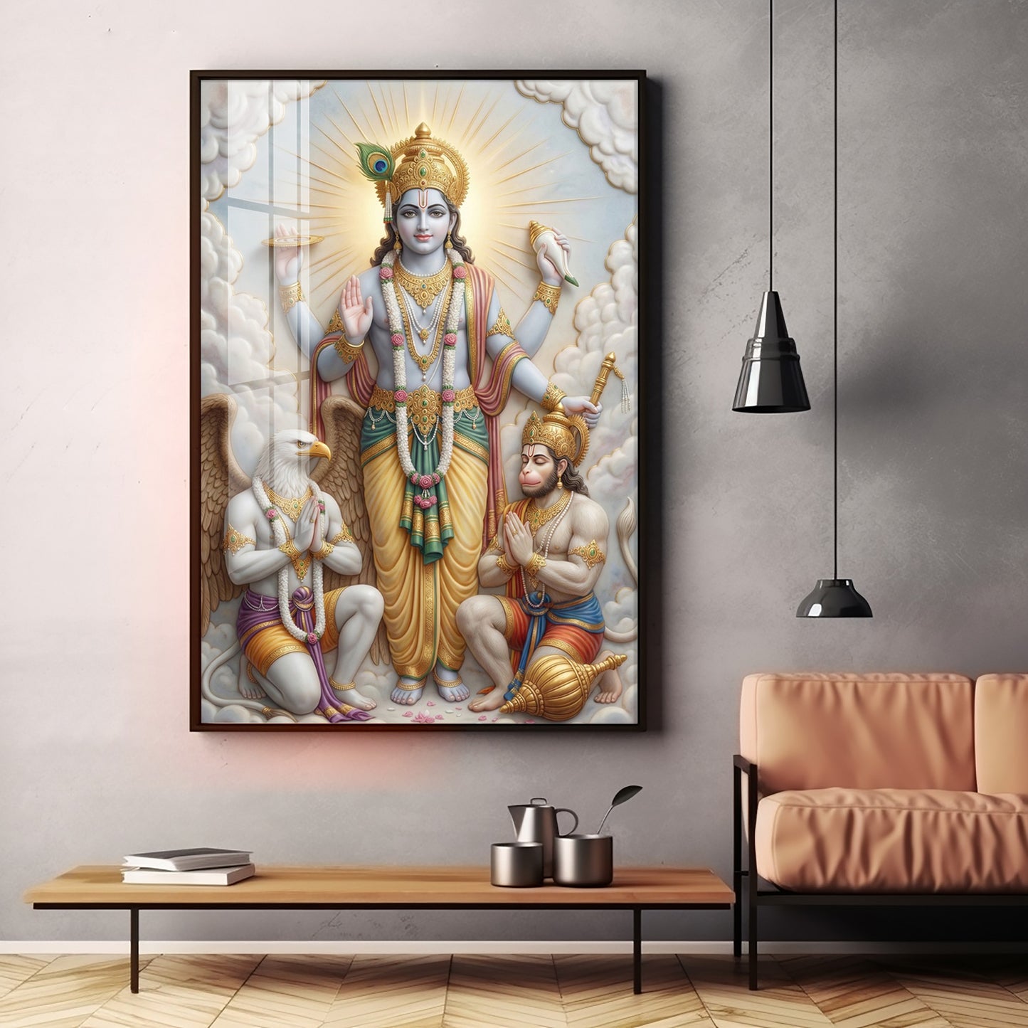 Lord Vishnu With Garuda And Hanuman Ji Premium Acrylic Vertical Wall Art