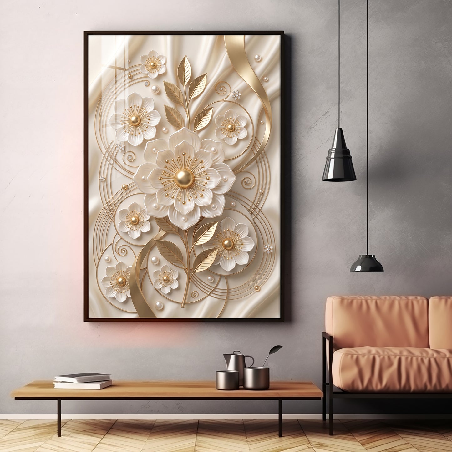 White & Gold Floral Carving Premium Acrylic Vertical Wall Art