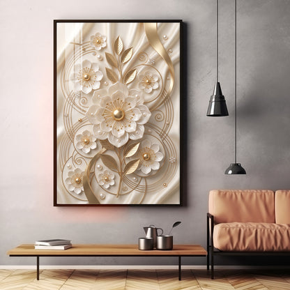 White & Gold Floral Carving Premium Acrylic Vertical Wall Art