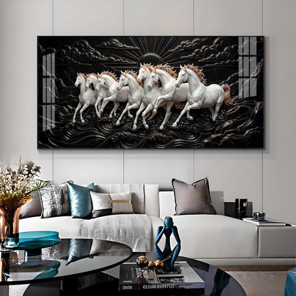 Pure Essence White Seven Horses Premium Acrylic Horizontal Wall Art