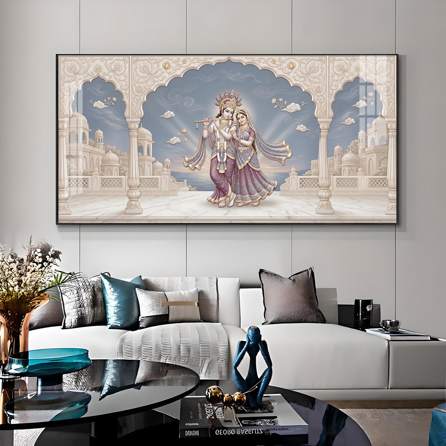 Shri Krishna Playing Flute With Radha Premium Acrylic Horizontal Wall Art