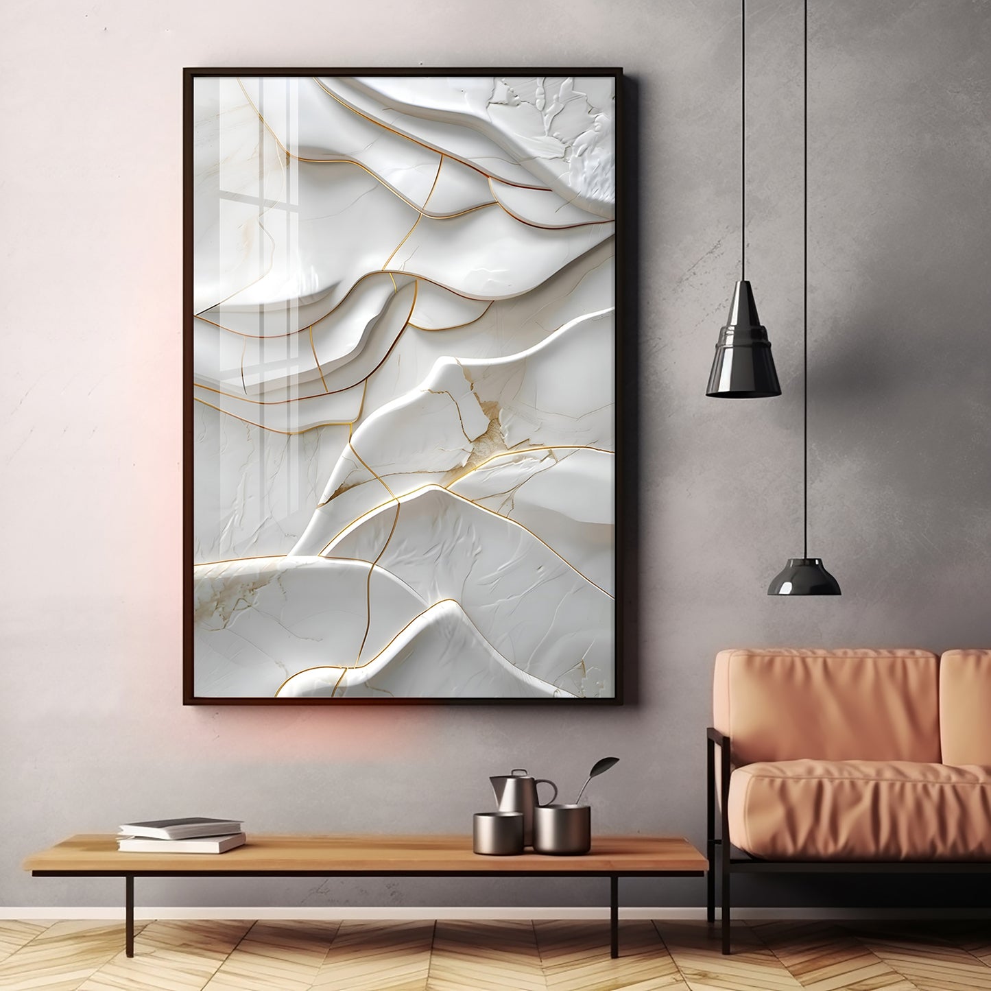 Golden Threaded White Surface Premium Acrylic Vertical Wall Art