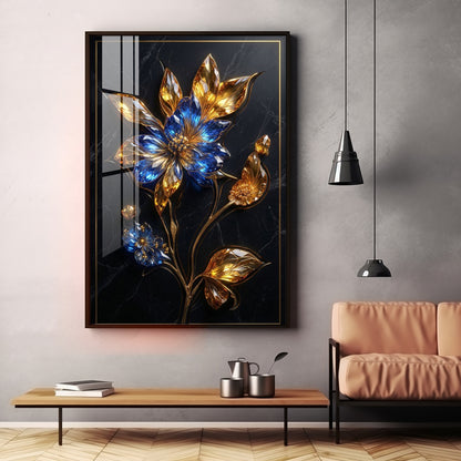 Blue & Gold Flower Premium Acrylic Vertical Wall Art
