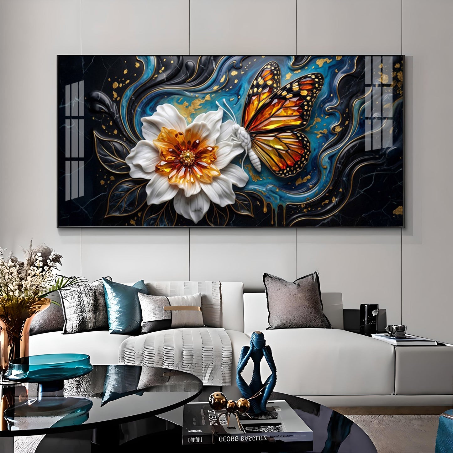 Butterfly Blossom With White Flower Premium Acrylic Horizontal Wall Art