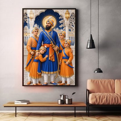 Guru Gobind Singh Ji With Sahibzade Premium Acrylic Vertical Wall Art