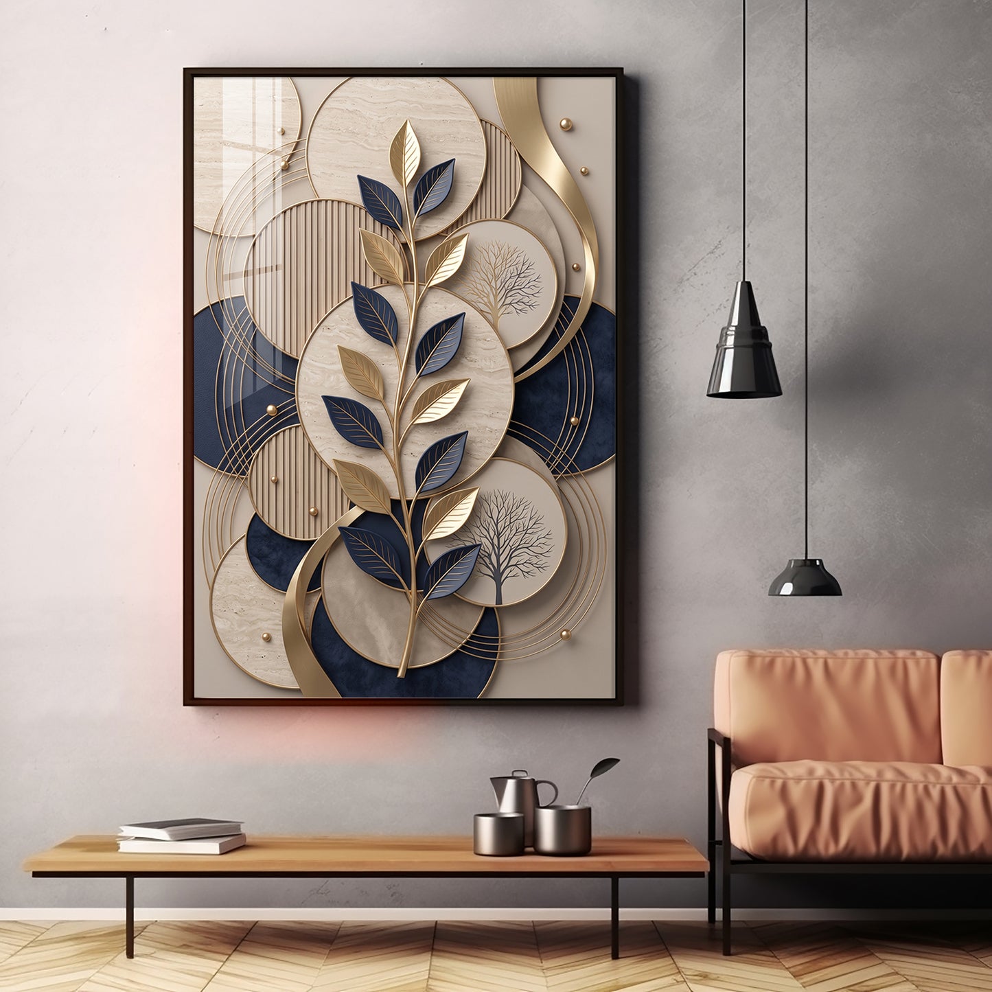 Luxury Navy Blue & Gold Leaves Premium Acrylic Vertical Wall Art