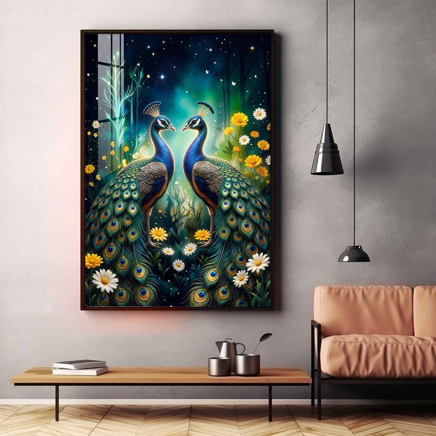 Two Peacocks With Flowers Premium Acrylic Vertical Wall Art