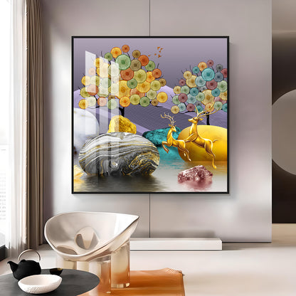 Modern Colorful Background With Golden Deer Premium Acrylic Square Wall Art
