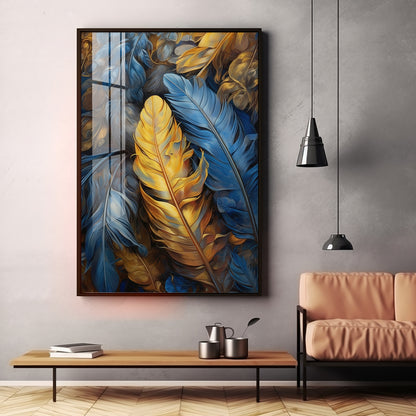 Blue & Yellow Feathers Premium Acrylic Vertical Wall Art