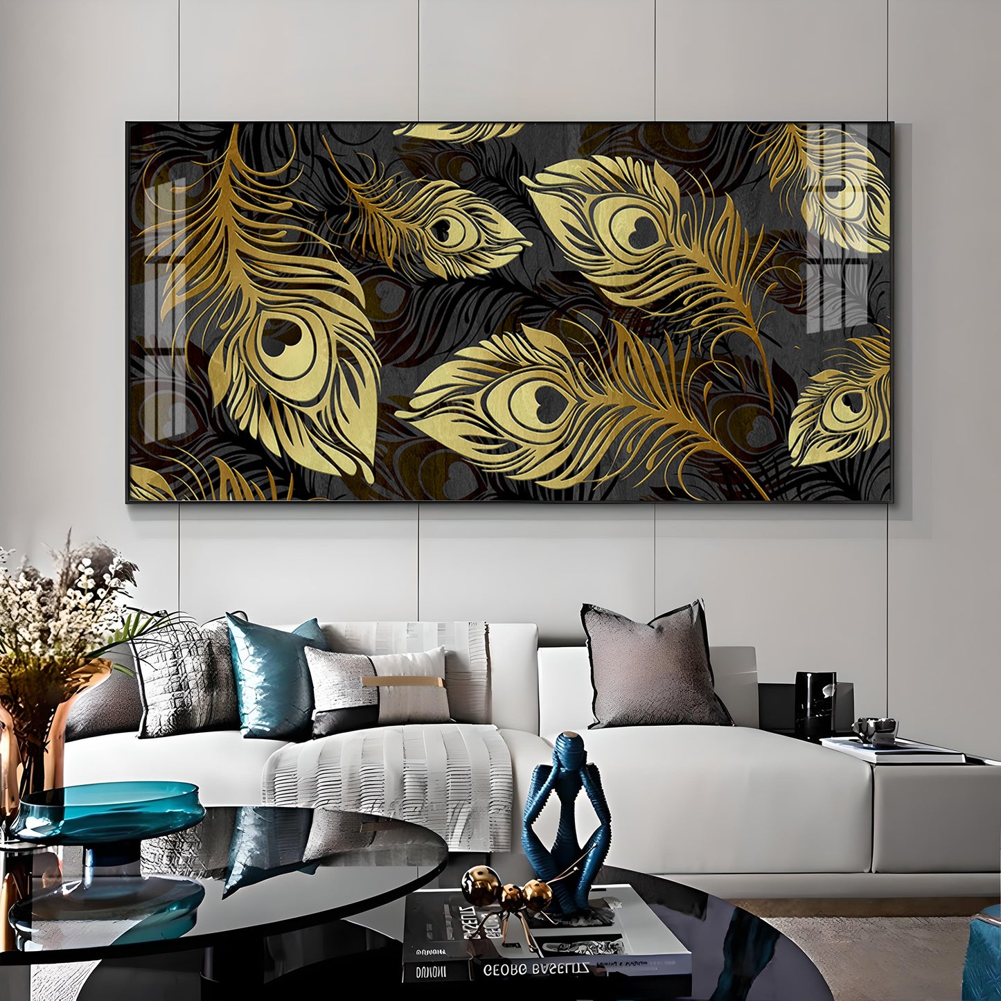 Black & Gold Feather Premium Acrylic Horizontal Wall Art