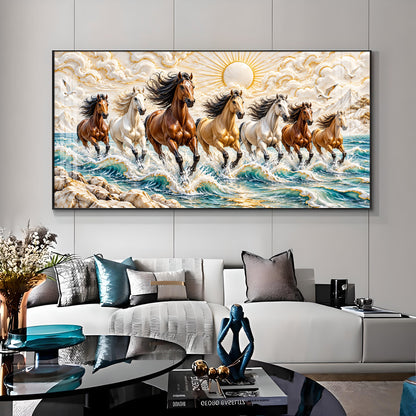 Seven Running Horses in Sea Premium Acrylic Horizontal Wall Art
