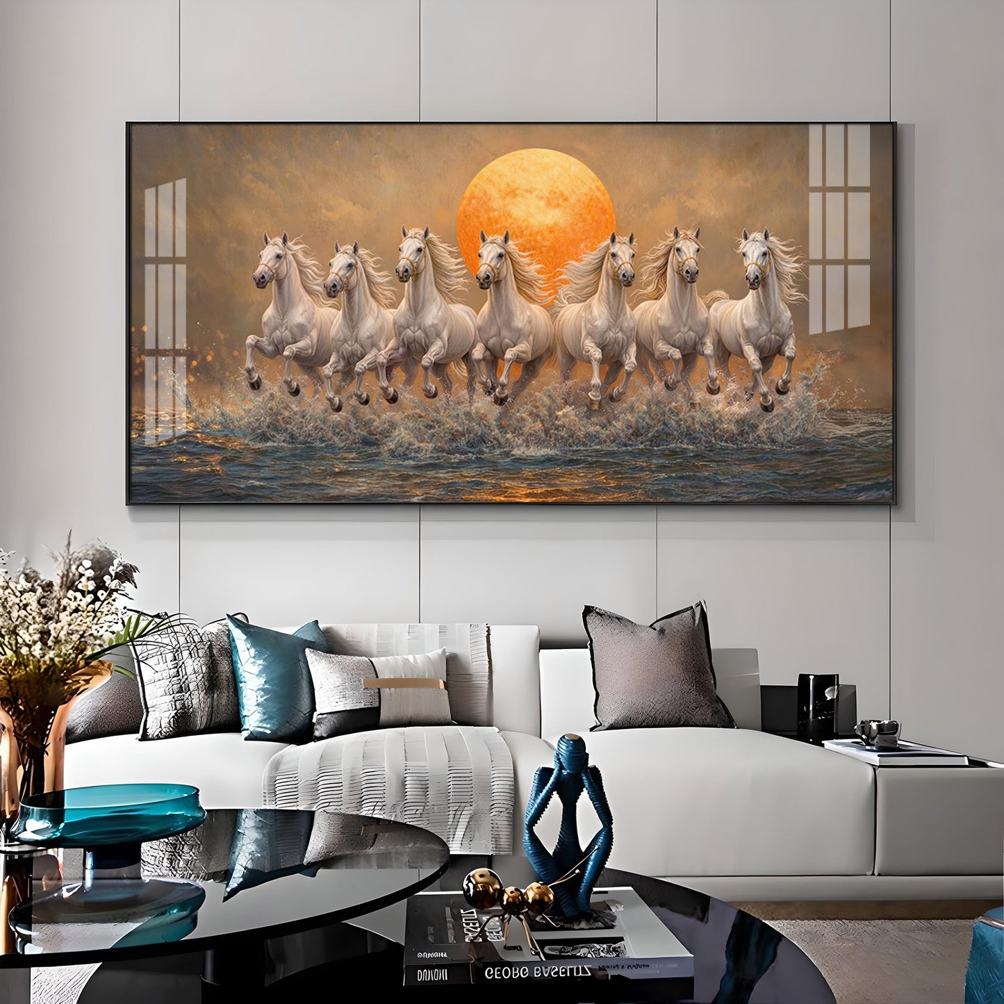 Majestic White Horses With Warm Sun Premium Acrylic Horizontal Wall Art