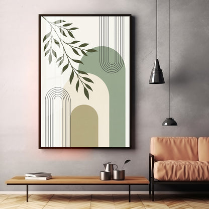Green Leaf Against Geomatric Shape Premium Acrylic Vertical Wall Art