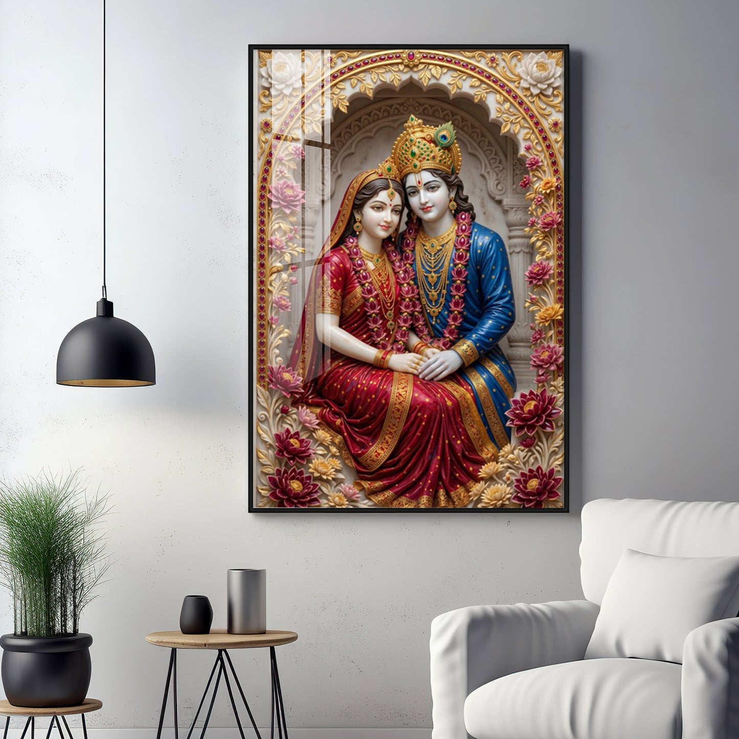 Depiction Of Radha Krishna Seated Together Premium Acrylic Vertical Wall Art