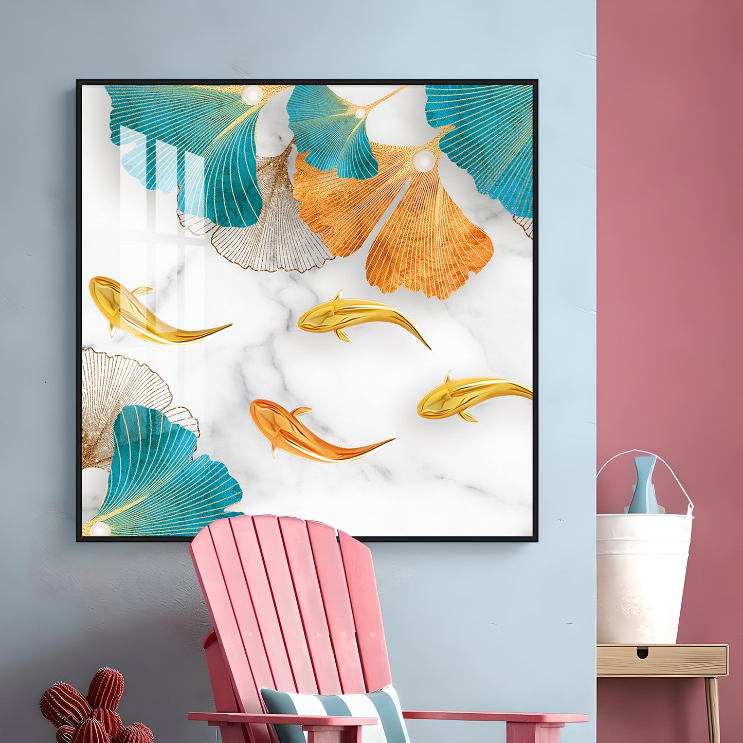 Fishes With Blue & Golden Leaf Premium Acrylic Square Wall Art