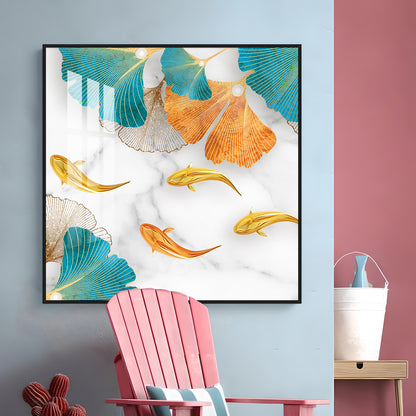 Fishes With Blue & Golden Leaf Premium Acrylic Square Wall Art