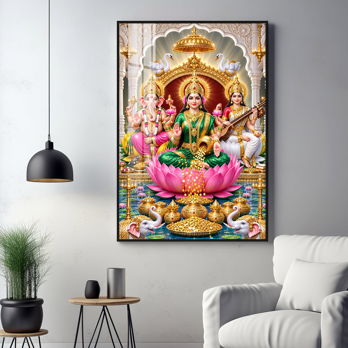 Maa Laxmi Ji, Maa Saraswati & Ganesh Ji Premium Acrylic Vertical Wall Art